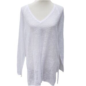 New EILEEN FISHER White Organic Linen Cotton V-Neck Open Weave Size M LongSleeve